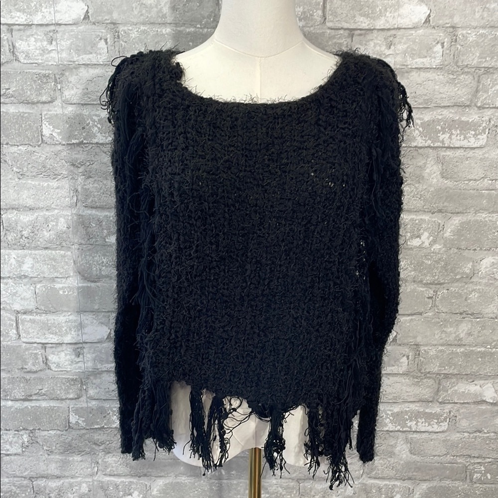 Line & Dot Black Jeanne Fringe Crew Neck Sweater